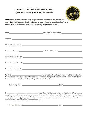 BETA CLUB INFORMATION FORM Students Already in RCMS Beta