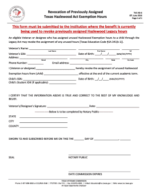 Form TVC ED 5 Revocation of Previously Assigned Texas Hazlewood Act Exemption Hours, June DOCX