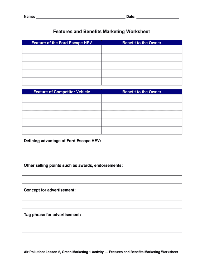 Features Vs Benefits Worksheet  Form