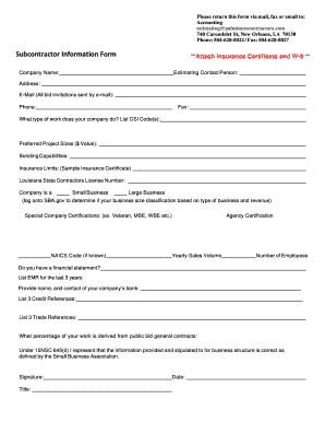 Subcontractor Information Form **Attach Insurance