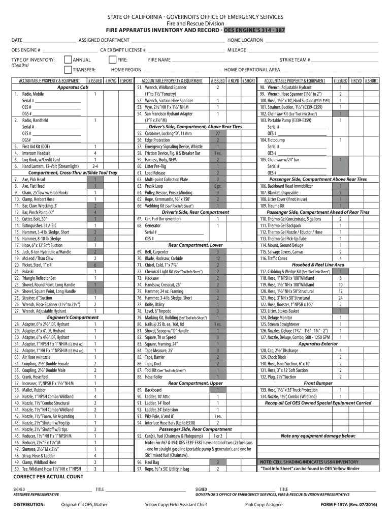  Fire Engine Equipment Inventory List 2016-2024