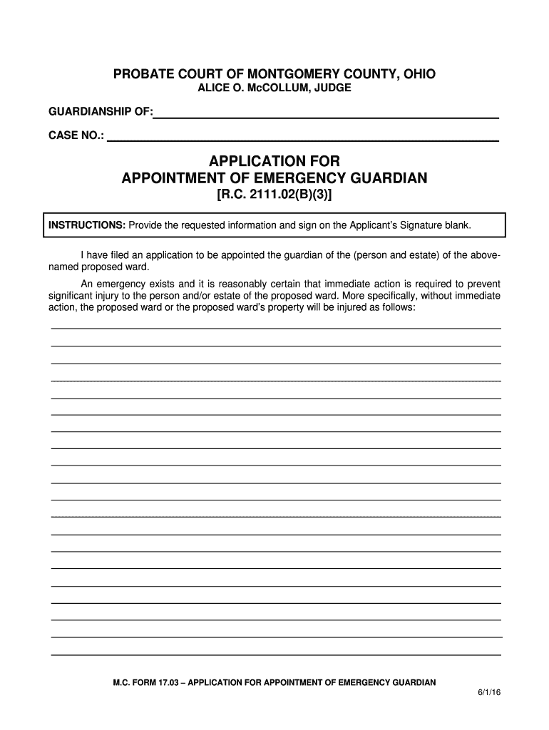 APPLICATION for APPOINTMENT of EMERGENCY GUARDIAN R C  Form