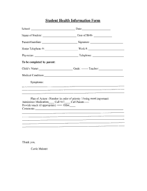 Student Health Information Form Durandbulldogs Com