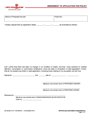 Ammendment to Application for Policy Bpi Philam Com  Form