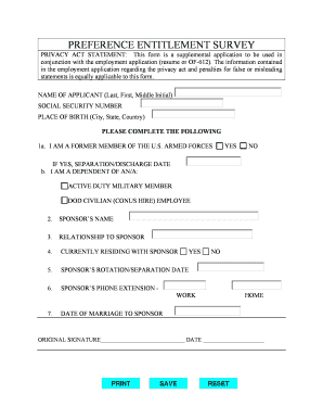 PREFERENCE ENTITLEMENT SURVEY Cnic Navy  Form