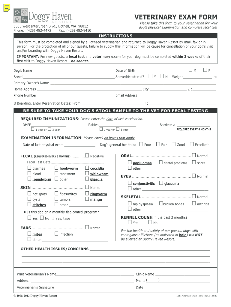 VETERINARY EXAM FORM Doggy Haven Resort