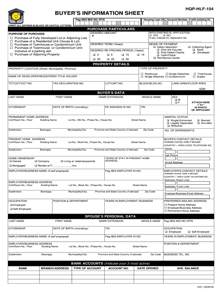  Pag Ibig Buyer Information Sheet Form 2016