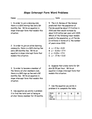 Slope Intercept Form Word Problems Worksheet with Answers