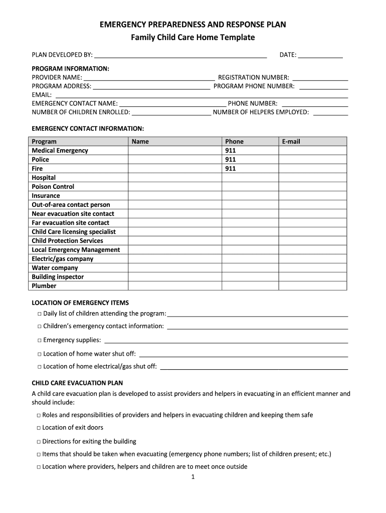 Family Child Care Emergency Preparedness and Response Plan  Form