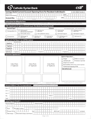 Savings BankCurrent Account Opening Form for Resident Csb Co