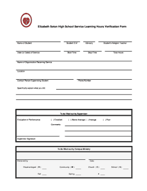 Elizabeth Seton High School Service Learning Hours Verification Form Setonhs