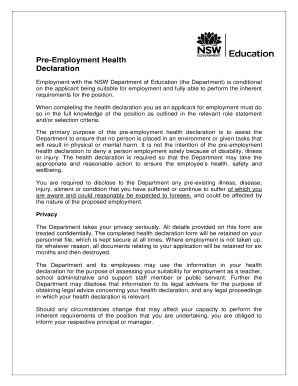 Pre Employment Health Declaration Teach NSW  Form