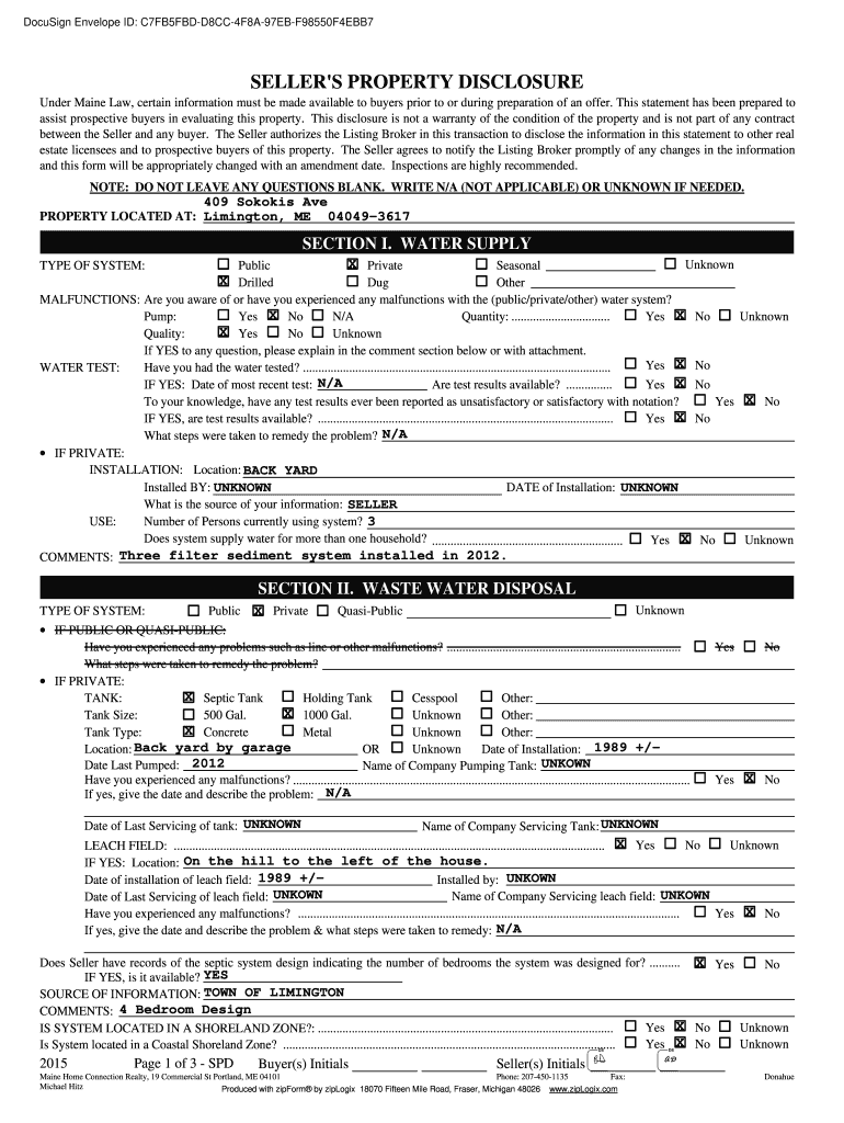Maine Seller's Property Disclosure Form