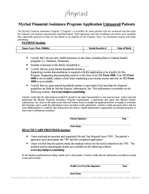 Myriad Financial Assistance Program Application Uninsured Patients  Form