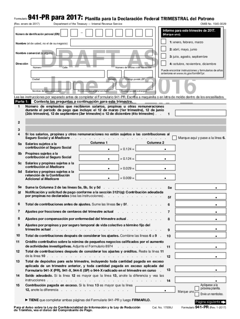 Form 941 PR Rev January  Employer's Quarterly Federal Tax Return Puerto Rican Version  Ftp Irs