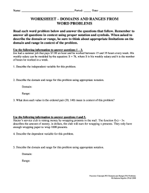 Worksheet Domains and Ranges from Word Problems Answer Key  Form