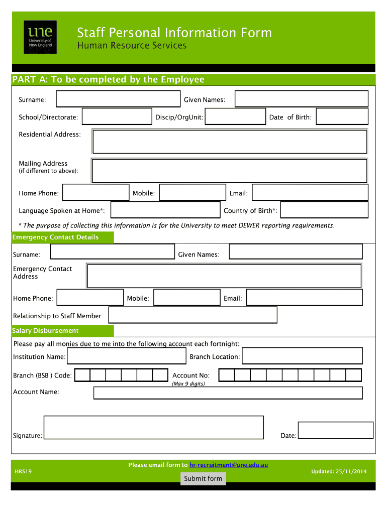 Staff Personal Information Form University of New England