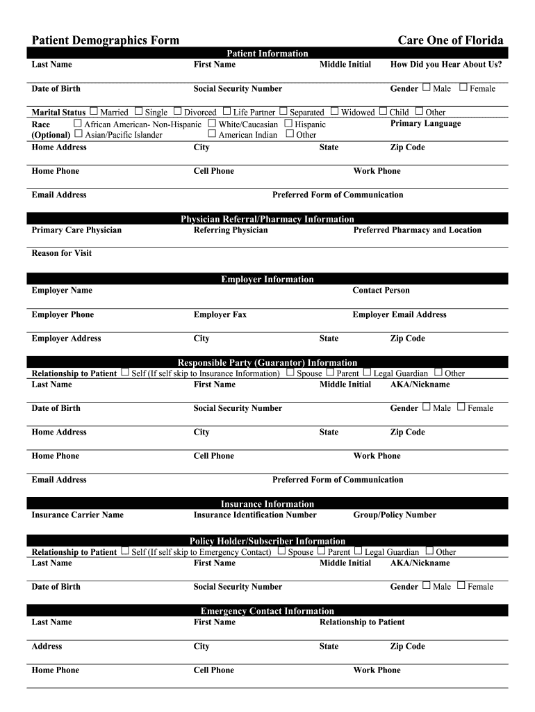 Patient Demographics Form Care One of Florida