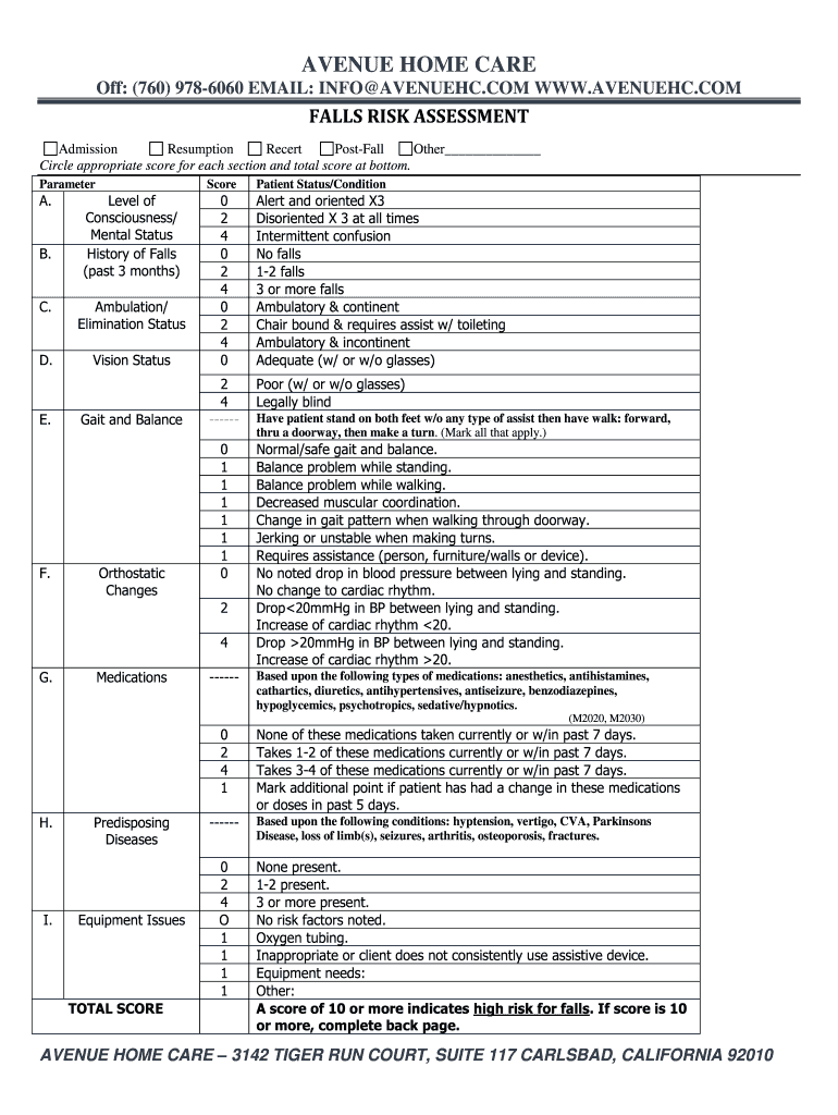 Free Printable Fall Risk Assessment Form