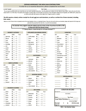 EXPENSE WORKSHEET for NON CASH CONTRIBUTIONS  Form