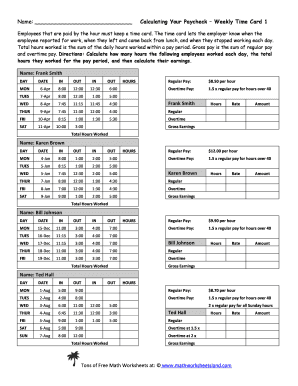 Calculating a Weekly Time Card Worksheet Answers  Form