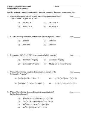 Algebra 1 Unit 1 Practice Test Name Building Blocks of  Form