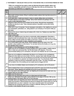 Printable Snowbird Checklist  Form