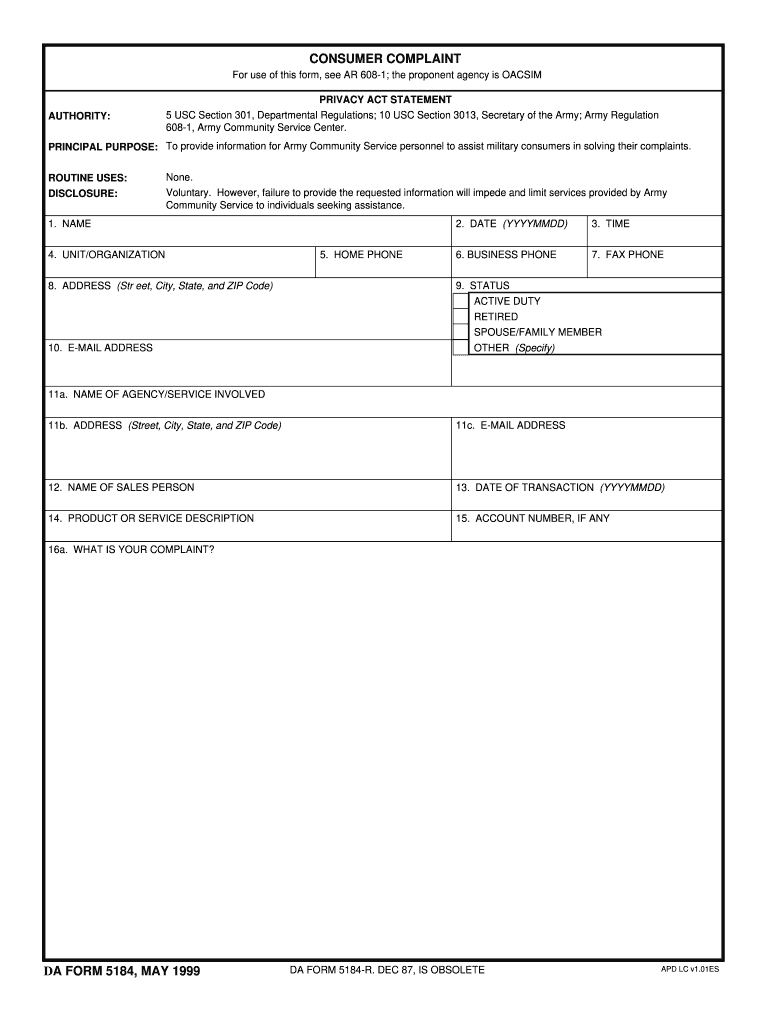  Consumer Complaint Form 1999-2024