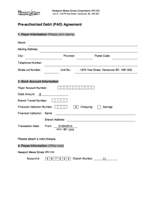 Pre Authorized Debit Form Template