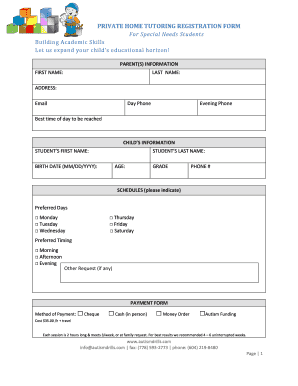 PRIVATE HOME TUTORING REGISTRATION FORM