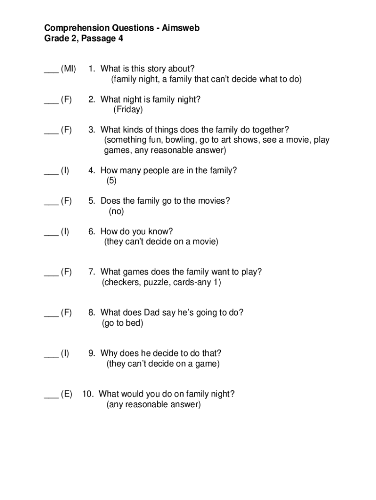 Aimsweb Reading Comprehension Questions  Form