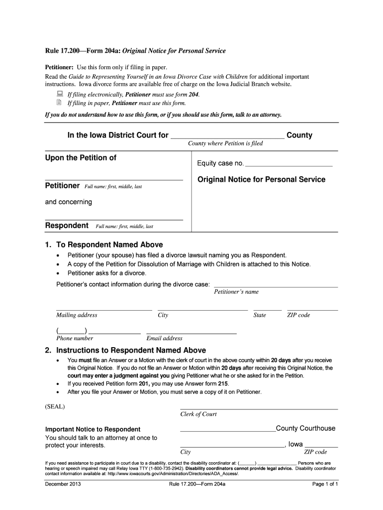Form 204a Original Notice for Personal Service Iowa Judicial Branch Iowacourts