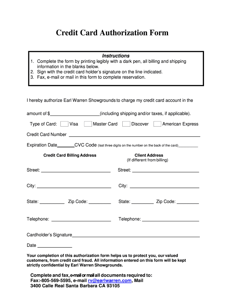 Credit Card Authorization Form Earl Warren Showgrounds