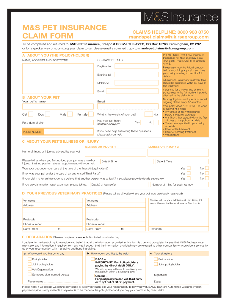 M S Pet Insurance Claim Form