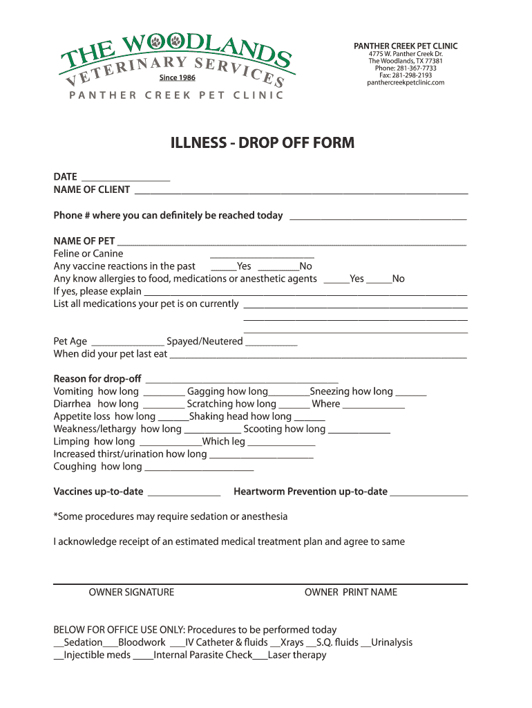 IllnessInjury Drop off Form Grogan&#39;s Mill Pet Clinic