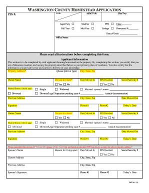 WASHINGTON COUNTY HOMESTEAD APPLICATION PIN # ASMT Co Washington Mn  Form