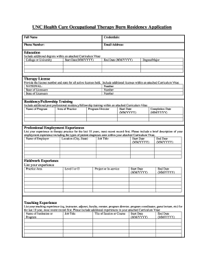 Get and Sign UNC Health Care Occupational Therapy Burn Residency Application  Form