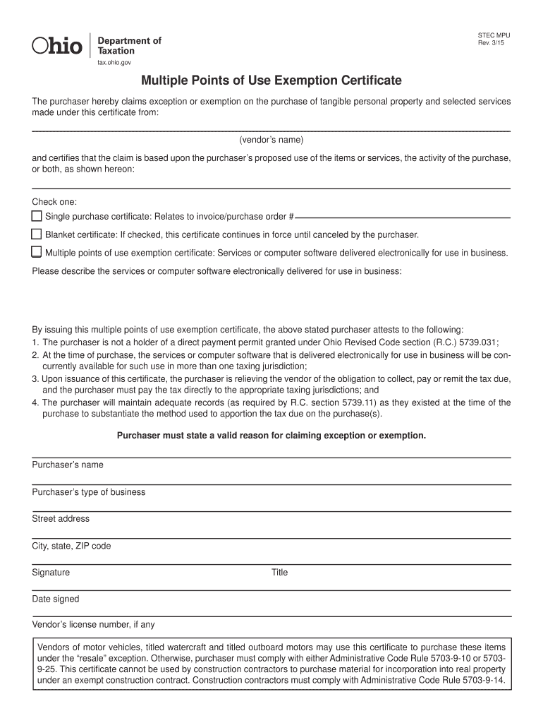 Multiple Points of Use Exemption Certificate Ohio Gov  Form