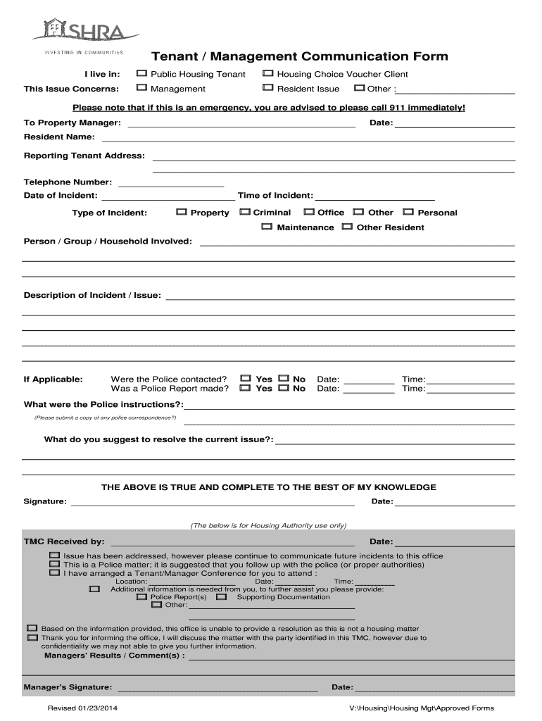 Tenant Management Communication Form Revised XLS Shra