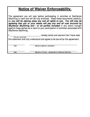 Notice of Waiver Enforceability SkyDance Skydiving  Form