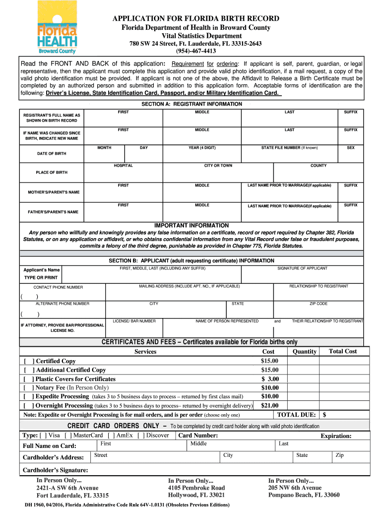 APPLICATION for FLORIDA BIRTH RECORD Broward County  Form