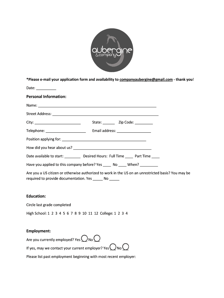 Download Application Aubergine & Company  Form