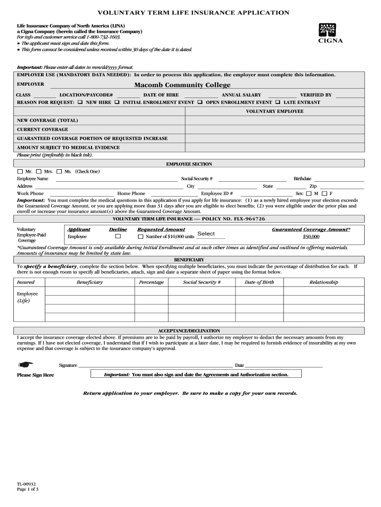 Cigna Voluntary Term Life Insurance Enrollment Form