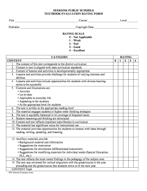 SEEKONK PUBLIC SCHOOLS TEXTBOOK EVALUATION RATING FORM