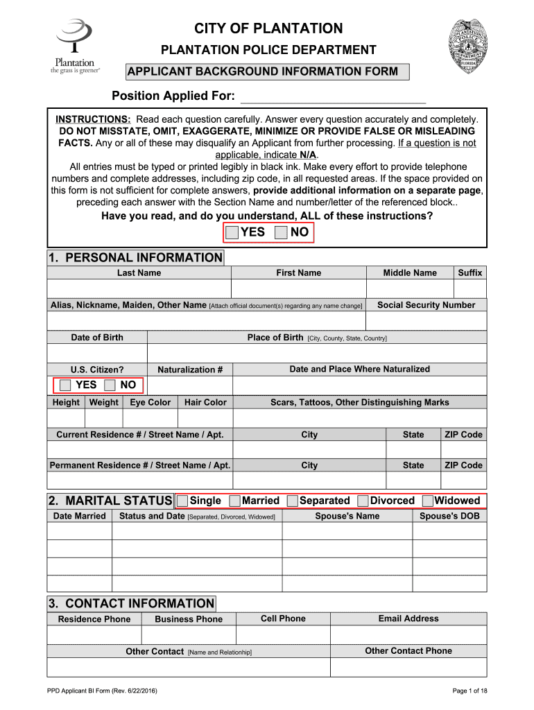  Plantation Police Department Applicant Background Information Form  Plantation 2016-2024