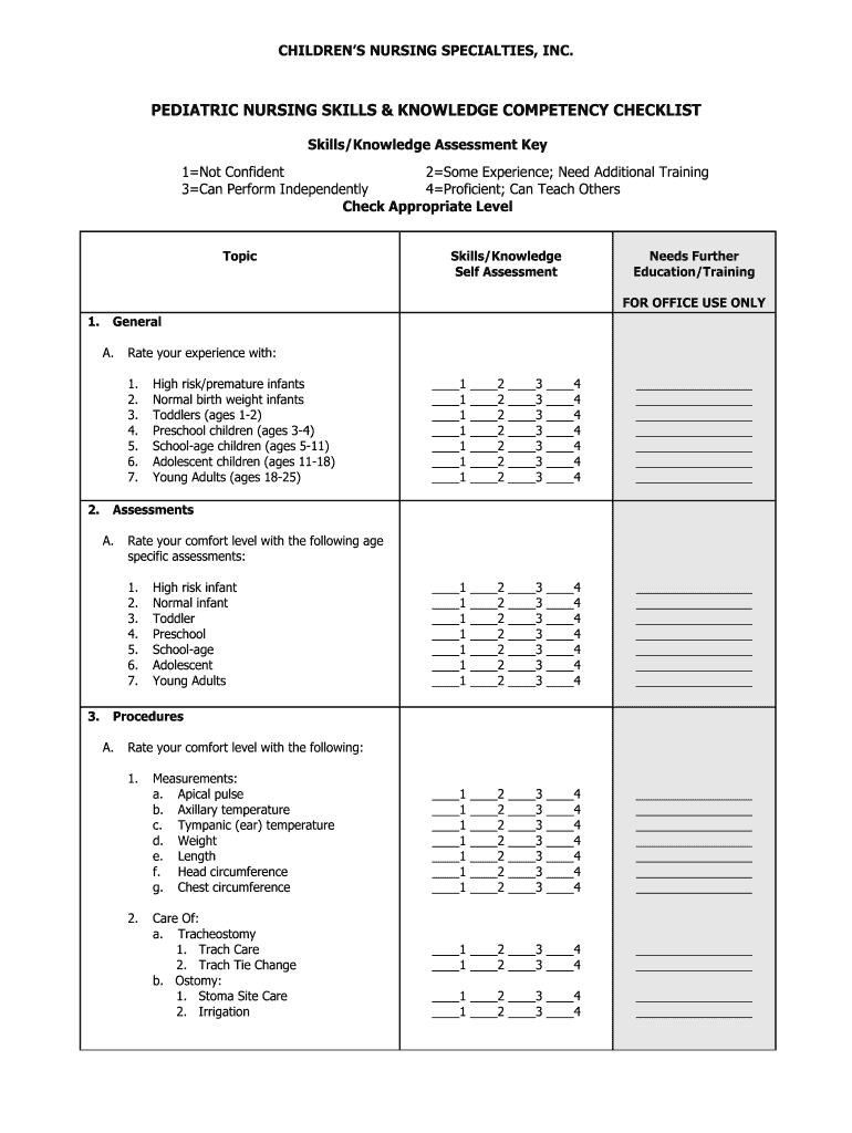 Pediatric Nursing Competency Checklist  Form