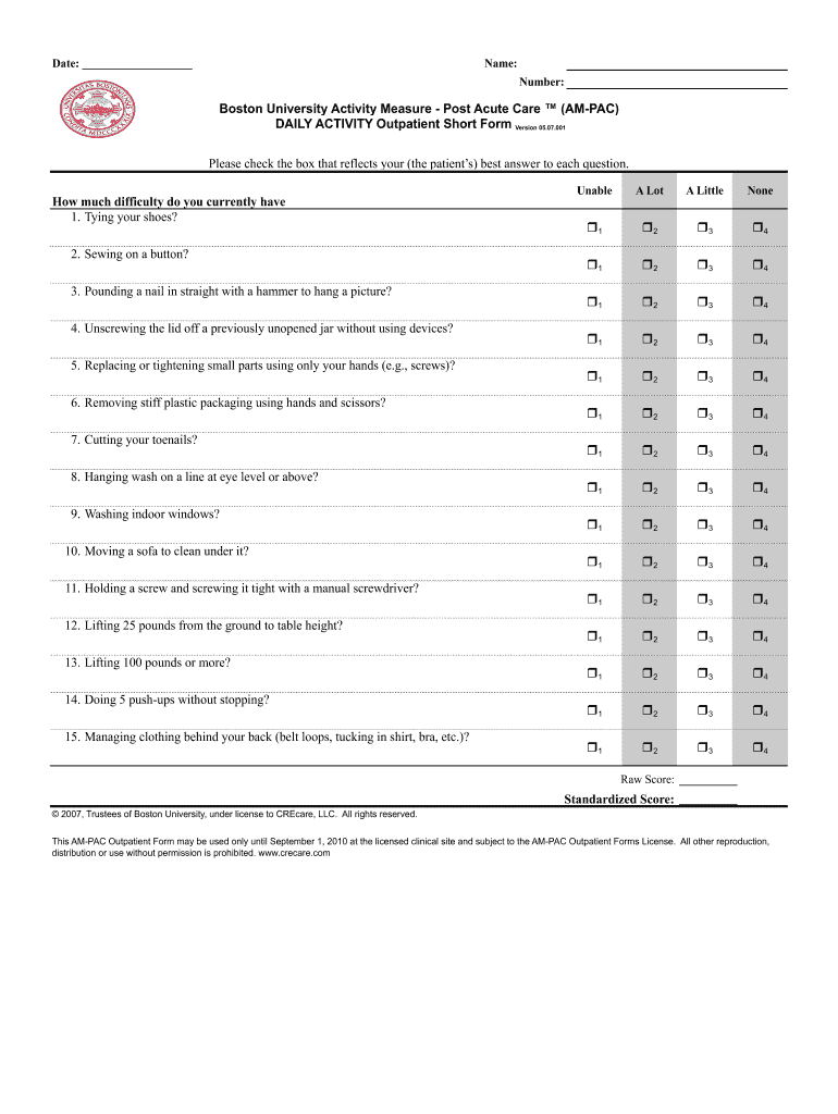 Daily Activity AMPAC Dora Roberts Rehabilitation  Form