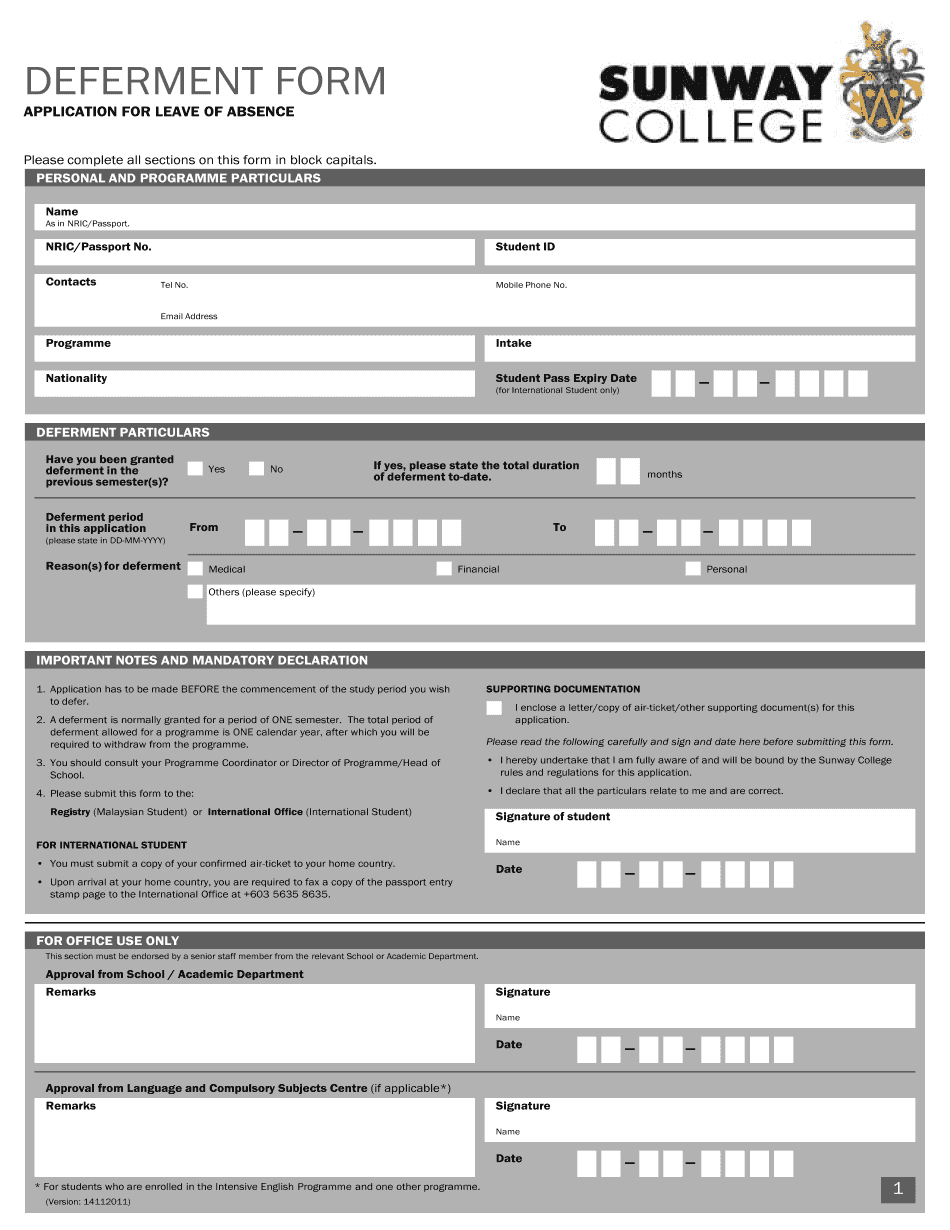 Deferment Form Sunway College 2011-2025