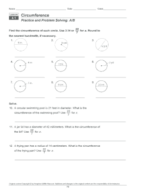 Lesson 9 1 Circumference Practice and Problem Solving a B Answer Key  Form