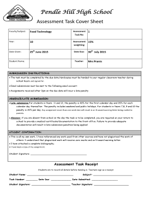 Assessment Task Cover Sheet Pendle Hill High Pendlehillhighschool Org  Form